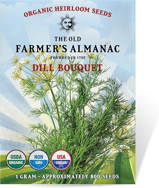 The Old Farmer's Almanac Organic Dill (Bouquet) Seeds - Approx 750 Seeds - Certified Organic, Non-GMO, Open Pollinated, Heirloom, USA Origin