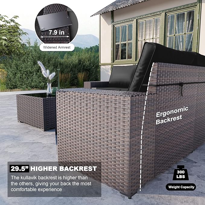 Kullavik Outdoor Patio Furniture Set 6 Pieces Sectional Rattan Sofa Set Brown PE Rattan Wicker Patio Conversation Set with 5 Seat Cushions and 1 Tempered Glass Table,Black