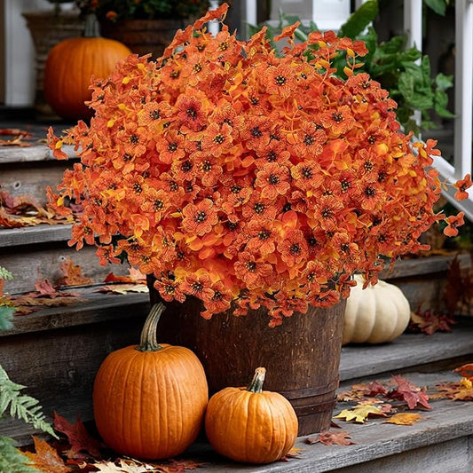 Artificial Fall Flowers Outdoor Fake Mums - 16 Bundles Fake Plants UV Resistant No Fade Faux Plastic Greenery Garden Porch Patio Fall Home Decor (Orangeyellow)