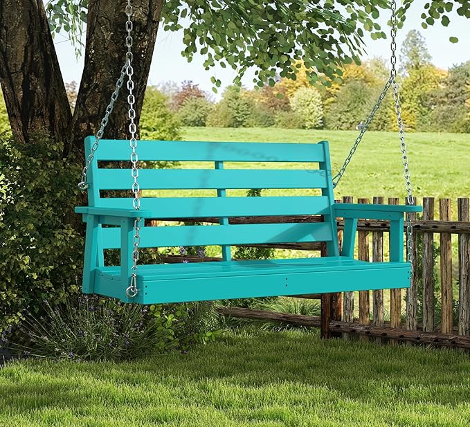 GREENVINES Porch Swing | 51’’ | HDPE Plastic | for Outdoor Patio | All Weather | Waterproof Bench Swings | w/ 4 Stainless Steel Chains | Aqua
