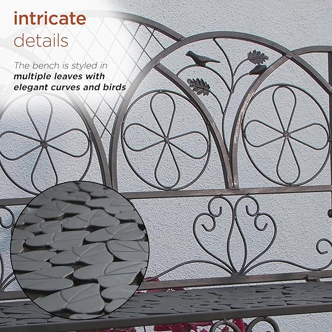 Alpine Corporation 45" Long Outdoor Metal Classic Bench with Stylish Patterns, Garden Furnitures - Brown