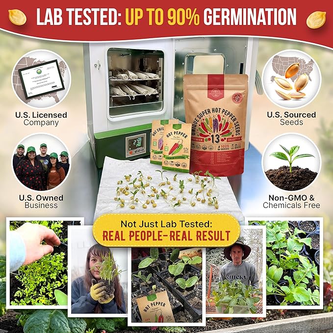 Organo Republic 13 Unique Super Hot Pepper Seeds Variety Pack - 1,020+ Non-GMO Heirloom Pepper Seeds for Outdoor and Indoor Home Gardening, Including Pepper Caloro, Firecracker, Habanero, Fresno Chili