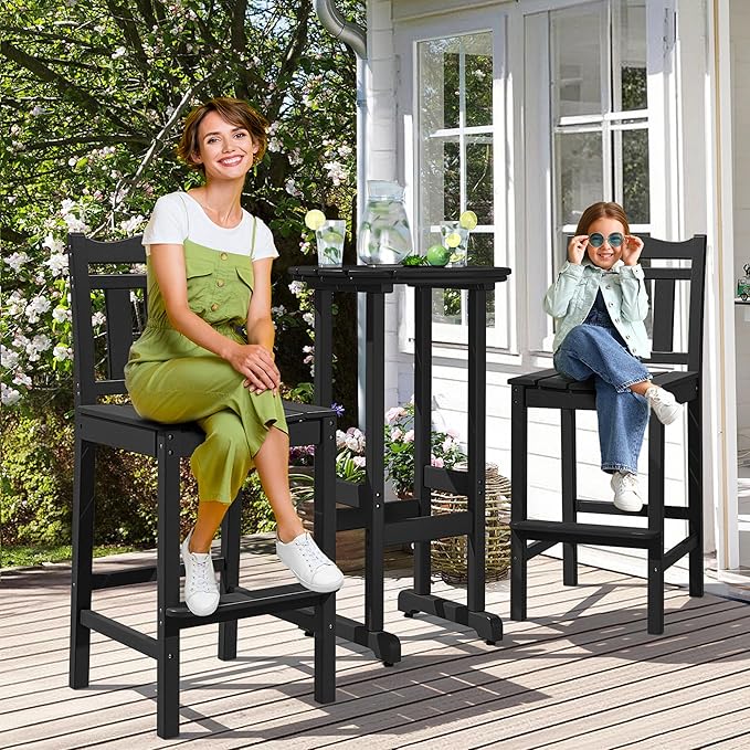 nalone Outdoor Bar Chairs and Table Set, HDPE Balcony Adirondack Chairs and Tables 3 Pieces Set, Outdoor Bar Stools for Garden, Yard, Backyard (Black, Bar Chairs with Table)