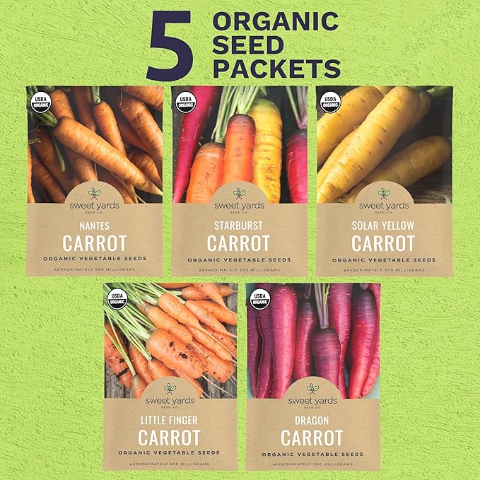 Organic Carrot Seeds Variety Pack - 5 Individual Packs - 2026 Season - Nantes, Little Finger, Dragon, Solar Yellow and More! for Indoor & Outdoor Planting (Non-GMO, Certified Organic)
