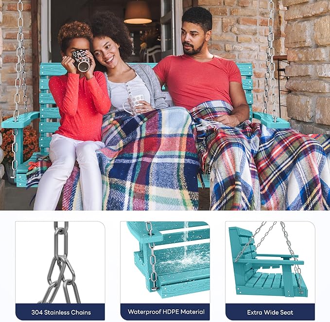 KINGYES Outdoor Hanging Porch Swing, 2 Seat Patio Swing Chair with Cup Holders, Waterproof Swing Chair Bench for Courtyard & Garden, 660LBS Weight Capacity, Aruba Blue