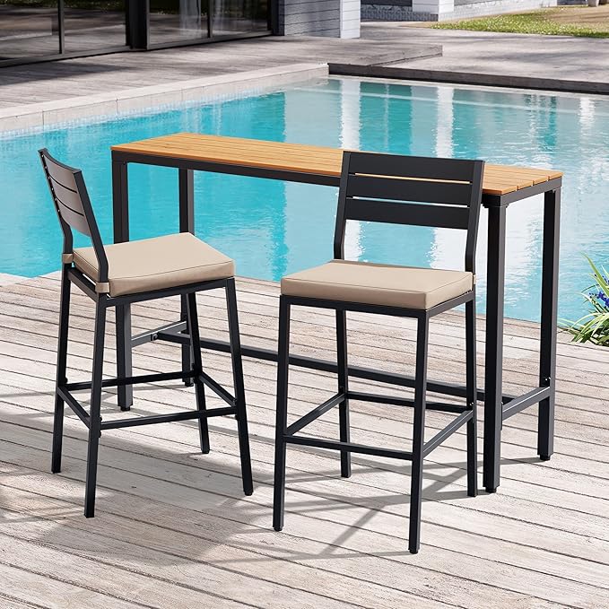Crestlive Products Outdoor Bar Table and Chairs Set, 3 Piece Outside Patio Bar Set with 55" Long Bar Table and 2 Bar Stools for Balcony, Bistro, Garden, Backyard(Brown Desktop and Beige Cushion)