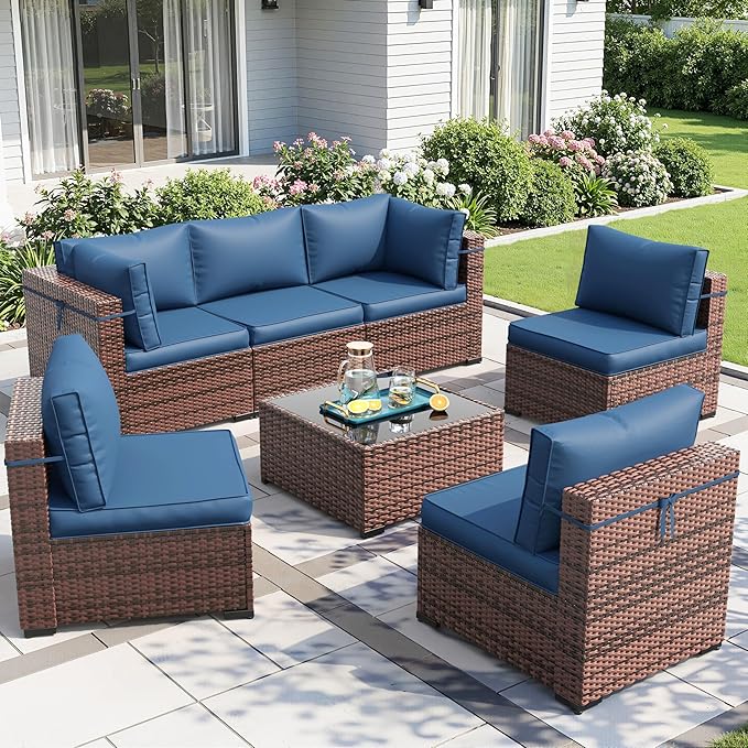 Amopatio Patio Furniture Set with Waterproof Cover, Modular Outdoor Sectional 7 Piece Wicker Patio Set, Multiple Combinations Outdoor Sofa w/Coffee Table, Navy Blue