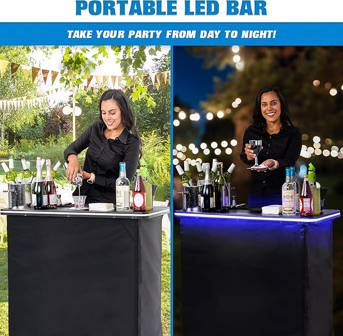 GoBar Portable Bar Table for Events - Black, 3 Skirts, or LED - Pop Up Mobile Bartending Station with Travel Carrying Case