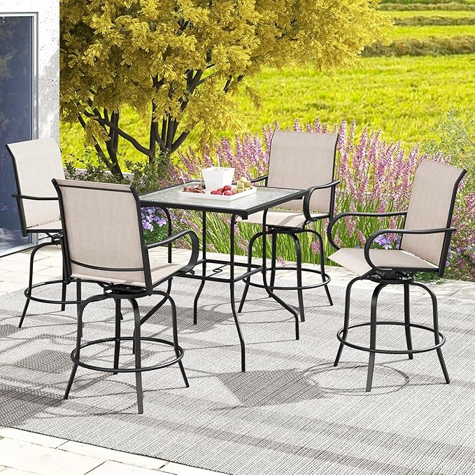 Giantex Set of 4 Swivel Outdoor Bar Stools, All-Weather Bar Height Patio Chairs, 330LBS Capacity, 360 Rotating Outside Bar Chairs with High Back Armrests, for Porch Yard Lawn Garden Pool (Grey)