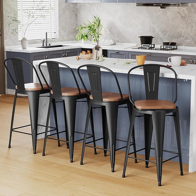 Alunaune 30" Swivel Metal Bar Stools Set of 4 High Back Counter Height Barstools Industrial Dining Bar Chairs with Large Wooden Seat-Matte Black