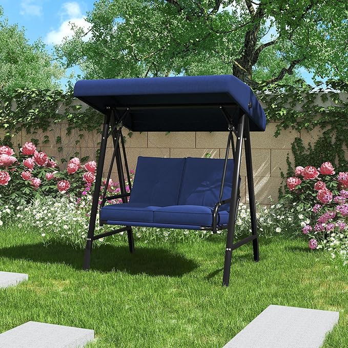 AECOJOY 2-Seat Outdoor Patio Swing Chair with Adjustable Canopy, Porch Swings Chairs for Adult, Outside Swing Bench with Removable Cushion, Suitable for Backyard, Garden, Yard, Poolside, Balcon, Blue
