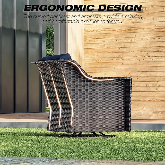 Joyside Wicker Patio Furniture Sets, 7 Pieces Upgraded Large Size Outdoor Furniture with 4 Swivel Rocking Patio Chairs, 3-Seat Sofa, Outdoor Ottoman, Thick Cushions, Wide Armrest, Blue