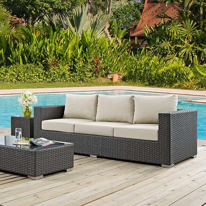 Modway EEI-1860-CHC-BEI Sojourn Wicker Rattan Outdoor Patio Coffee Table, Sofa, Canvas Antique Beige
