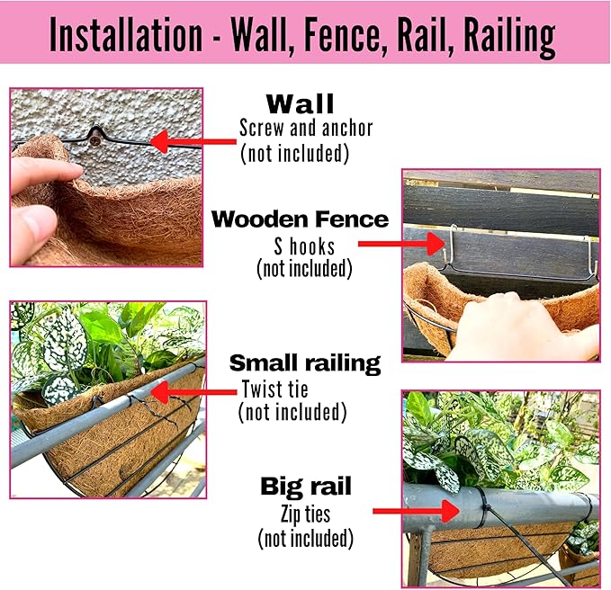 LaLaGreen Wall Hanging Planters, 4 Pack, 12 Inch Balcony Flower Baskets with Coco Liner Outside, Outdoor Vertical Garden, Fence Pots Holder Half Round Semi Circle Rail Railing Deck Porch Balcony Patio