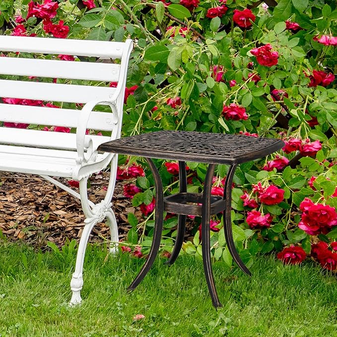 VINGLI 21” Outdoor Side Table, Cast Aluminum All-Weather Patio Side Table Small Outdoor Table Bistro Table for Outside, Porch, Balcony, Patio, Bronze