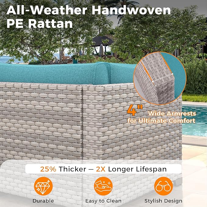 10-Seat Outdoor Wicker Patio Furniture Set with Fire Pit Table, Modular Rattan Sectional Sofa & 2 Swivel Rocking Chairs, 4" Thick Cushions, Rust-Resistant Frame,Blue