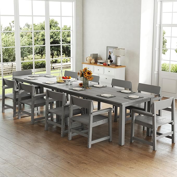 12-Piece HIPS Patio Dining Set for 10 Person Outdoor Dining Sets with Umbrella Hole Tables and Chairs Furniture Set All Weather Proof for Garden, Backyard, Poolside