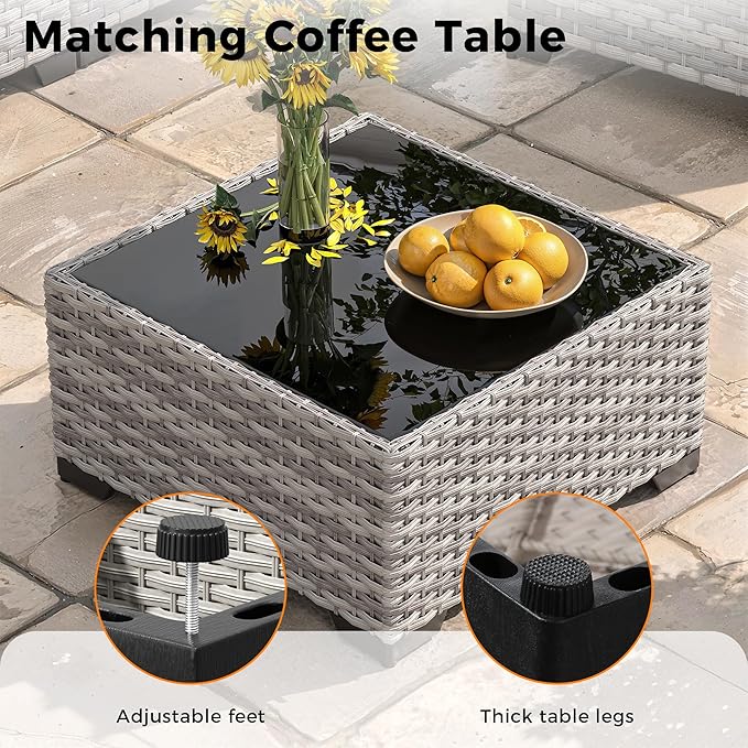 10-Seat Outdoor Wicker Patio Furniture Set with Fire Pit Table, Modular Rattan Sectional Sofa & 2 Swivel Rocking Chairs, 4" Thick Cushions, Rust-Resistant Frame,Gray