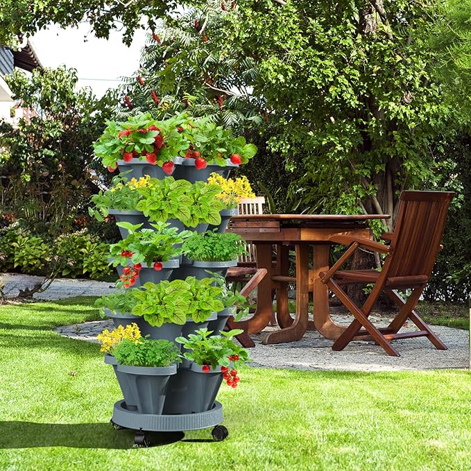 7 Tiered Strawberry Vertical Planter 2 Pack, Stackable Tower Garden Planter Herb Garden Planter with Movable Casters and Bottom Saucer Indoor and Outdoor - Dark Grey