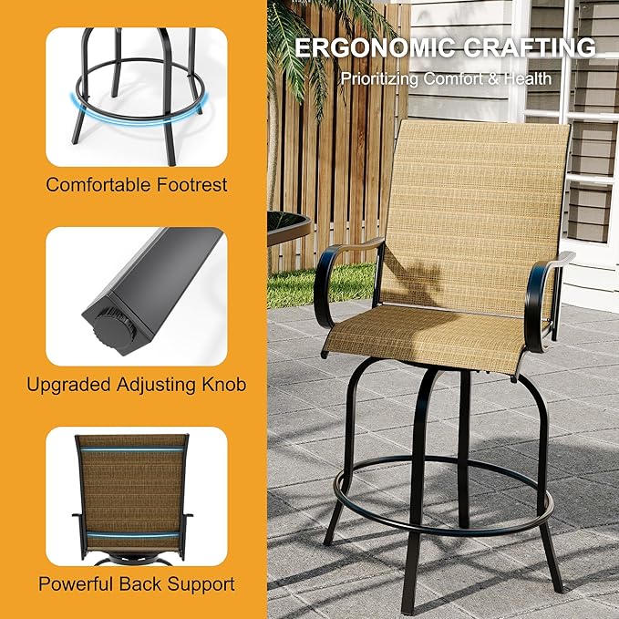 5 Piece Outdoor High Top Bar Set, 5 Pieces Outdoor Swivel Bar Set with 4 Swivel Chairs and Glass Top Table, All Weather Textile Fabric Outdoor Bar Height Chairs and Table Set of 5 for Deck, Backyard
