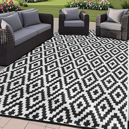SAND MINE Waterproof Outdoor Rug 8x10 ft, Plastic Reversible Rug, Modern Area Rug, Large Floor Mat for Outdoors, RV, Patio, Backyard, Deck, Picnic, Beach, Camping (8' x 10', Black & White Lattice)