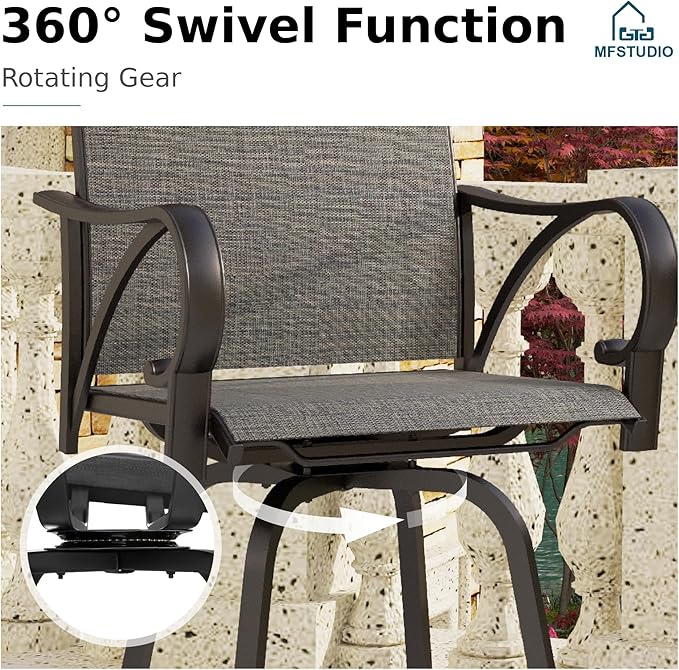 MFSTUDIO 5 Piece Outdoor Swivel Bar Set, Outdoor Bar Table and Chairs Set, Patio High Top Table and Chairs, Patio Dining Set Bar Height Table with 4 Chairs, Grey