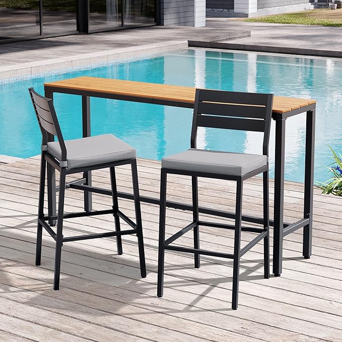 Crestlive Products Outdoor Bar Table and Chairs Set, 3 Piece Outside Patio Bar Set with 63" Long Bar Table and 2 Bar Stools for Balcony, Bistro, Garden, Backyard(Brown Desktop and Light Gray Cushion)