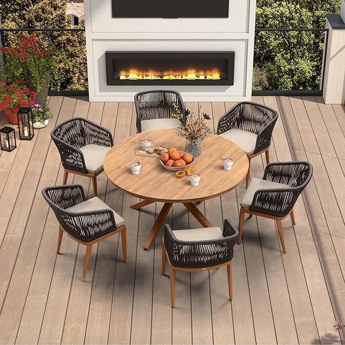 PURPLE LEAF 7 Pieces Round Outdoor Dining Set Outdoor Dining Table and Chairs Aluminum Wicker Rattan Patio Furniture Set for Lawn Garden Backyard Brown