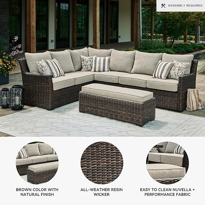 Signature Design by Ashley Brook Ranch Casual Nuvella Weather Resistant Fabric Right Hand Facing Outdoor Sofa Sectional/Bench with Cushion and 6 Throw Pillows, Set of 3, Beige & Dark Brown