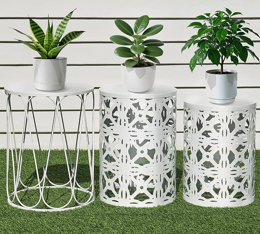 HFHOME Set of 3 Metal Outdoor Side Table, Nesting Round Coffee Table for Indoor Outdoor, Heavy Duty End Tables Plant Stand Living Room Garden Stool - White