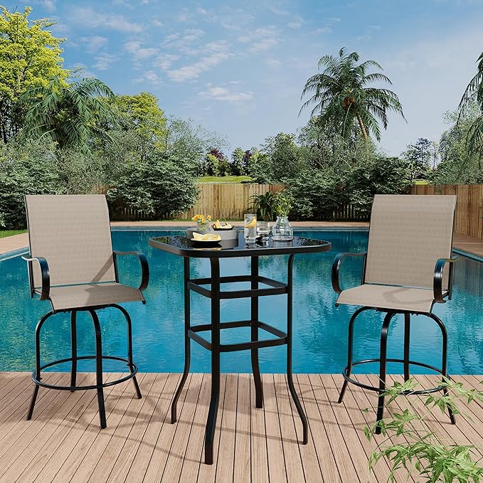 GarveeLife 2 Piece Outdoor Swivel Bar Chairs, Patio High Swivel Bar Stools, All Weather High Back and Armrest Patio Chairs, Outdoor Rotating Chair Counter Height for Deck Lawn Garden Backyard