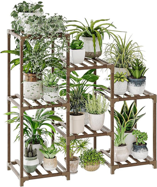 Bamworld Plant Stand Indoor Plant Shelf Outdoor Wood Plant Rack for Multiple Plants 3 Tiers Ladder Plant Holder for Living Room Patio Boho Home Decor for Gardening