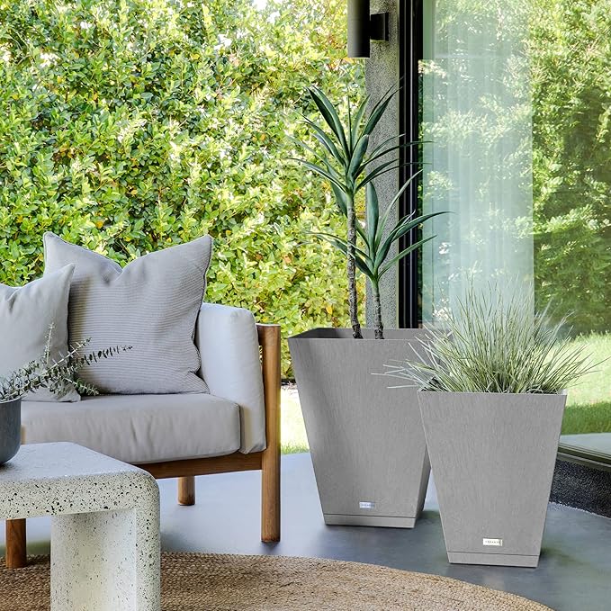 Veradek Nobleton Indoor/Outdoor Wide Square Planter (Light Grey, 18 inch - 2 Pack with 2 Saucer Trays)