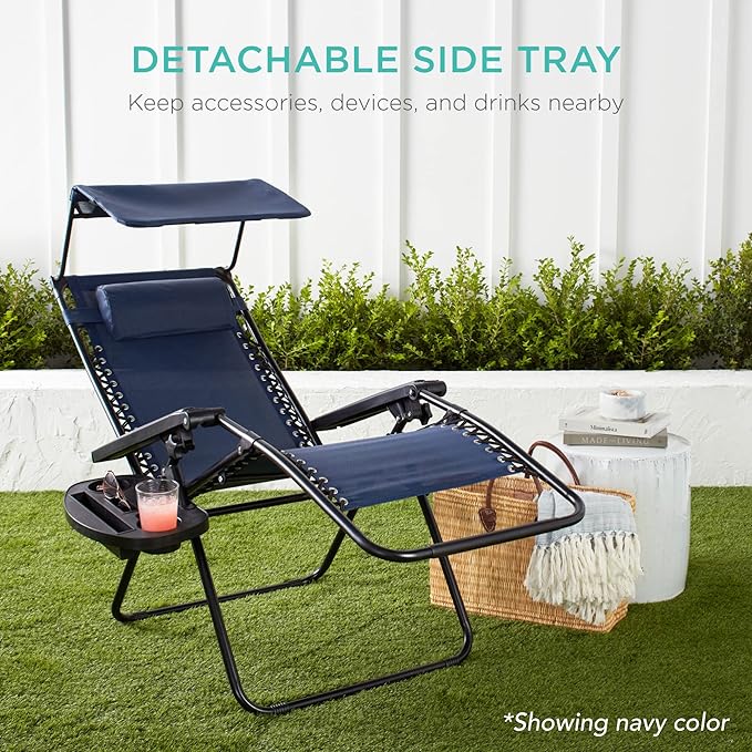 Best Choice Products Folding Zero Gravity Outdoor Recliner Patio Lounge Chair w/Adjustable Canopy Shade, Headrest, Side Accessory Tray, Textilene Mesh - American Flag