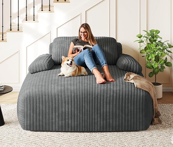 YITAHOME 67"L x 55"W Chaise Lounge Chair Indoor, Oversized Corduroy Upholstered Boneless Sofa Bed, Deep-Seat Sleeper Couch, Reading Chair, Cloud Sofa Couch for Living Room, No Assembly Required, Grey