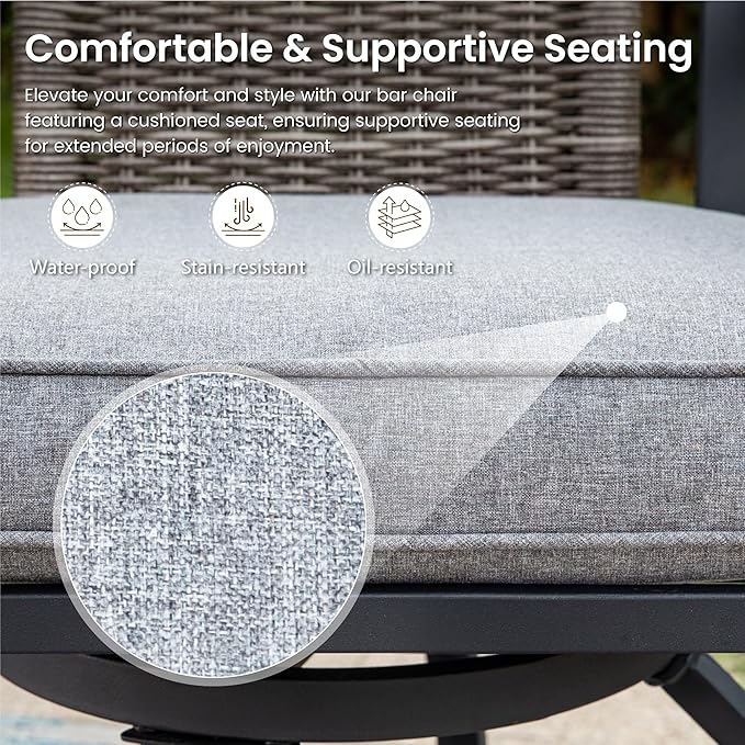 PHI VILLA 7 Piece Outdoor Bar Set, Counter Height Patio Bar Furniture with Rattan Wicker Swivel Bar Stools Cushioned Chairs Grey & Rectangle Bar Dining Table for Garden,Yard and Deck