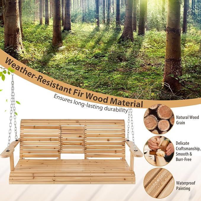 Tangkula 2 Person Hanging Porch Swing, Outdoor Bench Swing with Adjustable Chains, Foldable Cup Holders, High Back, Cozy Armrests, Wooden Hanging Swing Chair for Backyard Deck Garden Natural