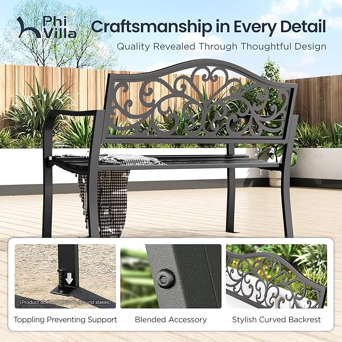 PHI VILLA 43 Inch Cast Iron Steel Frame Outdoor Garden Bench, Patio Furniture Chair Bench w/Floral Design Backrest, Slatted Seat for Park, Yard, Porch - Black
