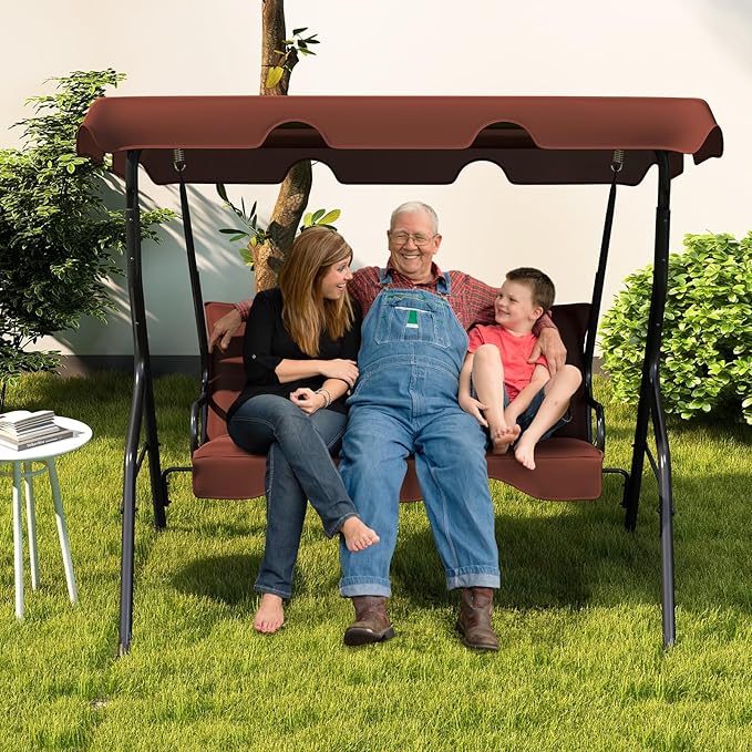 Porch Swing Outdoor, 3 Person Patio Swing w/Removable Cushion, Stand & Adjustable Canopy, Heavy Duty Swing Chair for Patio, Garden, Courtyard, Poolside