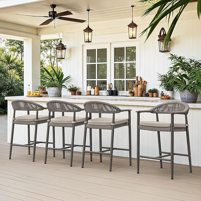Bar Stools Set of 4, 24.8'' Aluminum Outdoor Bar Stool with Removable Cushion, Boho Rattan BarStools, Olefin Rope Woven Bar Chairs with Footrest for Patio, Garden, Pool, Kitchen, Gray