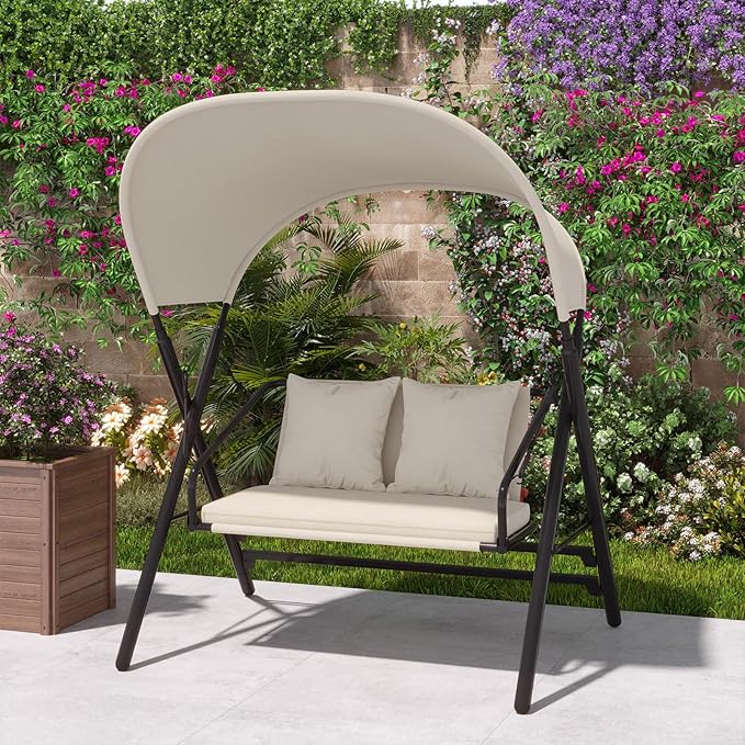 AECOJOY Outdoor Porch Swings for Adults 600LBS 2 Seat Patio Swings with Canopy Stand Thick Cushion Pillows Metal Steel Frame Patio Swing Chair for Garden Yard Deck Poolside Easy Assembly