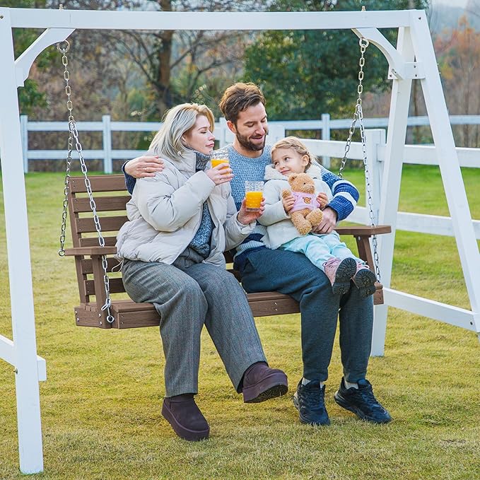 KINGYES Outdoor Hanging Porch Swing, Waterproof Swing with Cup Holders for Courtyard & Garden, 660LBS Weight Capacity, Brown