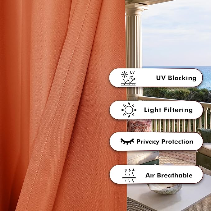 BONZER Outdoor Waterproof Curtains for Patio Wide Grommet Light Filtering Outside Curtains for Gazebo, Porch, Pergola, Pavilion, 1 Panel, 110W x 120L inch, Mecca Orange