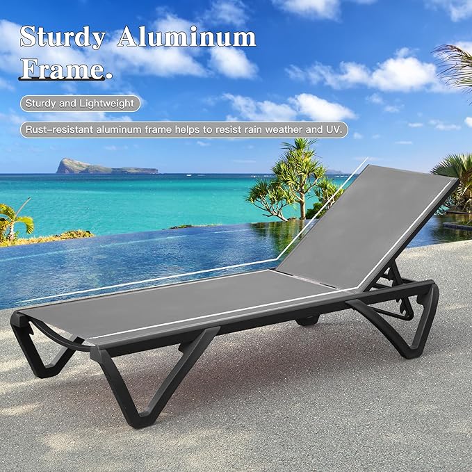 Domi Pool Lounge Chairs Set of 2 with Side Table, Aluminum Outdoor Chaise Lounge with Wheels, All Weather Outdoor Lounge Chair for Deck Lawn Patio Backyard, Textilene- Gray