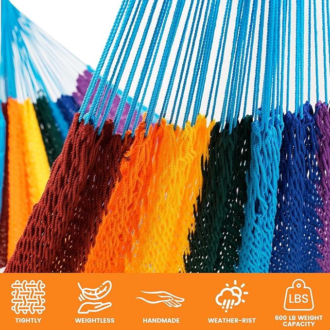 Lazy Daze Hammocks Handwoven Mayan Hammock, 10.5 FT Soft Rope Double Hammocks, Portable Outdoor Hammock with Carry Bag, 2 Straps & Carabiners for Patio Outside, 550 lbs Weight Capacity, Rainbow