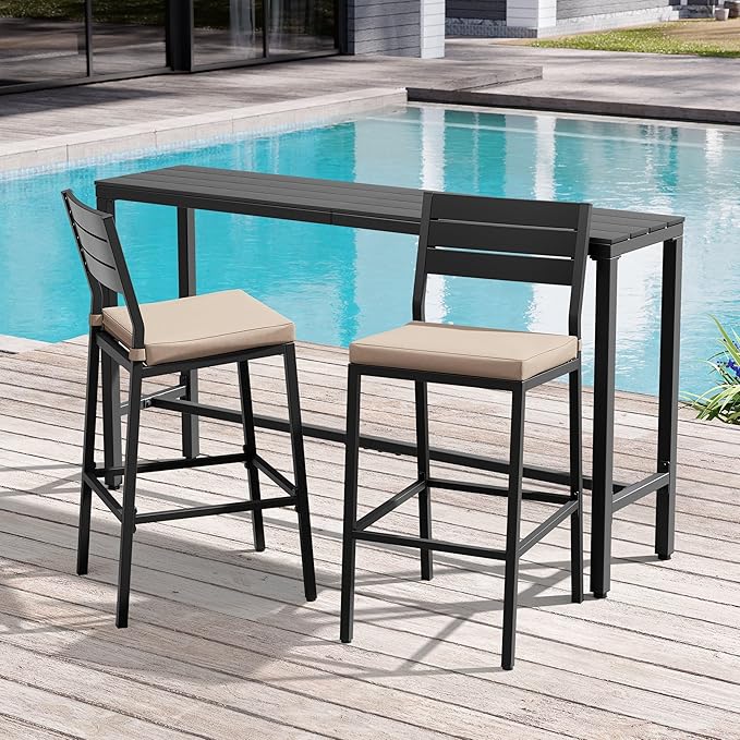 Crestlive Products Outdoor Bar Table and Chairs Set, 3 Piece Outside Patio Bar Set with 63" Long Bar Table and 2 Bar Stools for Balcony, Bistro, Garden, Backyard(Black Desktop and Beige Cushion)
