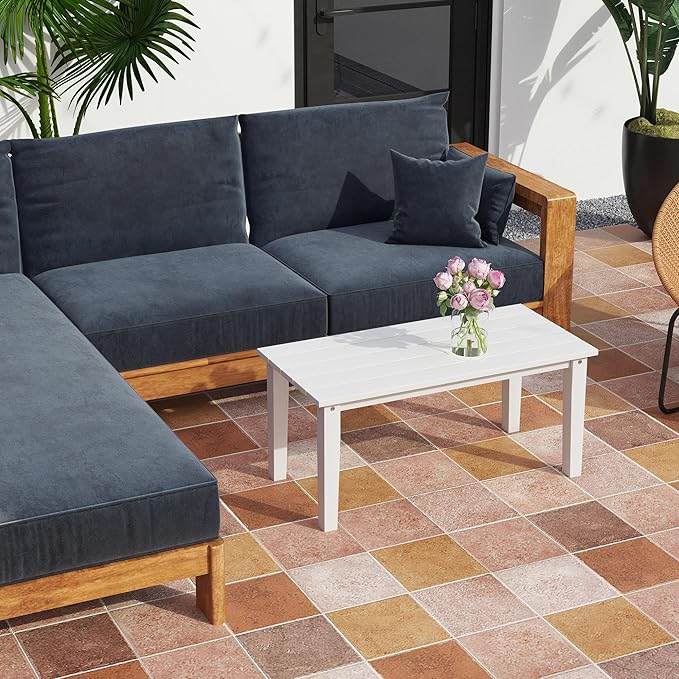 Outsunny HDPE Outdoor Coffee Table, All-Weather Rectangle Patio Coffee Table, Plastic Outdoor Patio Table with Slatted Tabletop for Garden, Balcony, Backyard, White