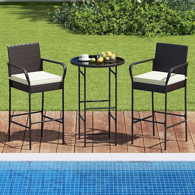Tangkula 3 Piece Outdoor Bar Set, Patio Rattan Heavy Duty Bar Height Glass Top Table & Chairs w/ 2 Cushioned Barstools, for Porch, Yard, Poolside