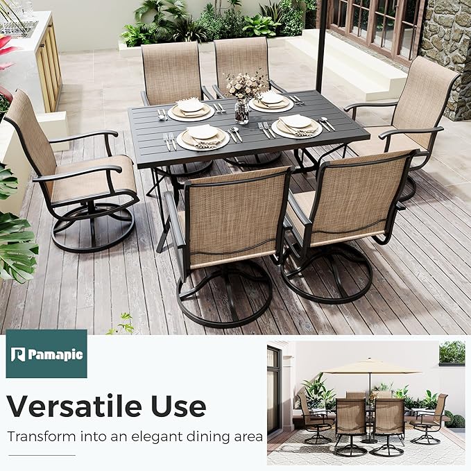 7-Piece Outdoor Dining Set, Patio Furniture Set with Textilene Swivel Chairs,Outdoor Table & 6 Chairs for Garden, Backyard, Poolside, Deck, Beige