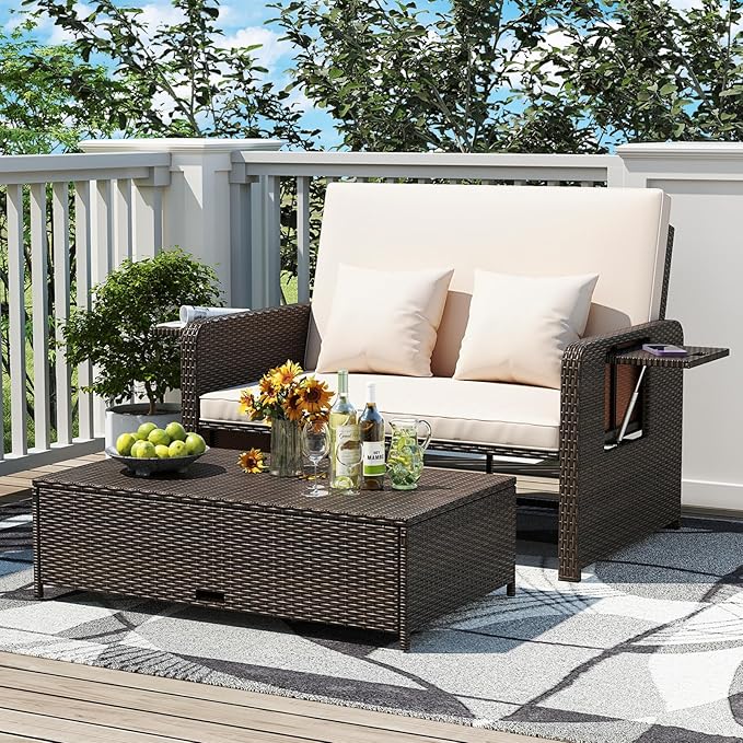 S AFSTAR Outdoor Daybed with Storage Ottoman, Wicker Chaise Lounge Chair with Cushions, Adjustable Backrest & 2 Retractable Trays, Patio Rattan Daybed Loveseat Sofa for Poolside Backyard